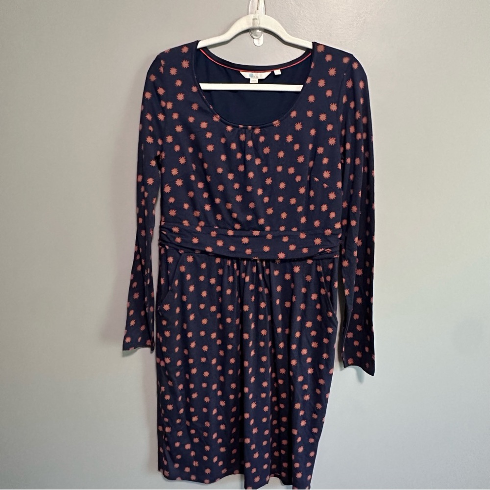 Boden Mabel Dress Womens US 10 Navy Orange/Coral Starburst Jersey Long-Sleeve